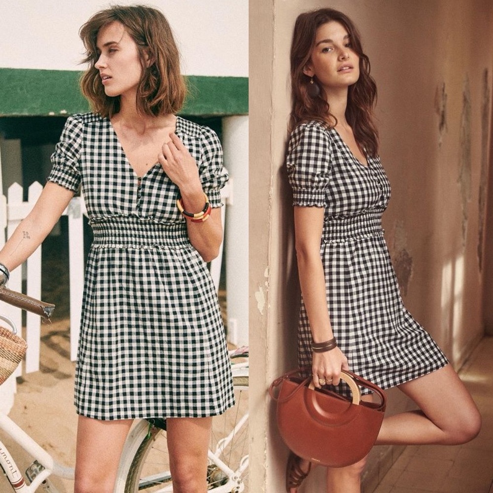 Sezane Sixteen Plaid Gingham Mini Dress‎ Black White Size 36 French US 4 Button